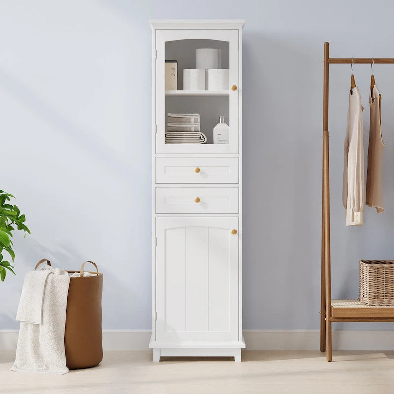 Meuble de rangement de salle de bain haut avec portes vitrées Armoire autonome avec deux tiroirs