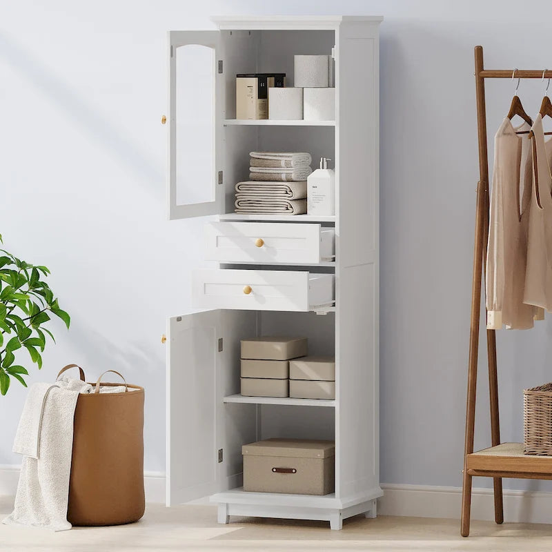 Meuble de rangement de salle de bain haut avec portes vitrées Armoire autonome avec deux tiroirs
