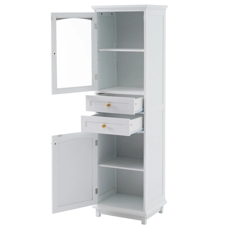 Meuble de rangement de salle de bain haut avec portes vitrées Armoire autonome avec deux tiroirs