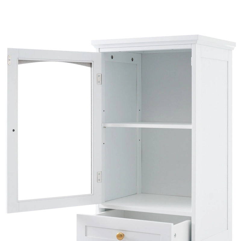 Meuble de rangement de salle de bain haut avec portes vitrées Armoire autonome avec deux tiroirs