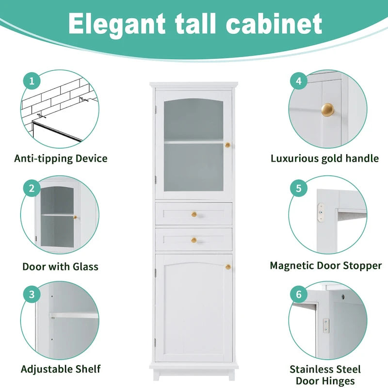 Meuble de rangement de salle de bain haut avec portes vitrées Armoire autonome avec deux tiroirs
