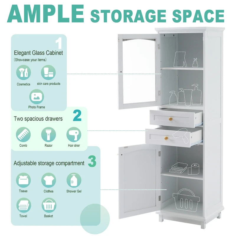 Meuble de rangement de salle de bain haut avec portes vitrées Armoire autonome avec deux tiroirs
