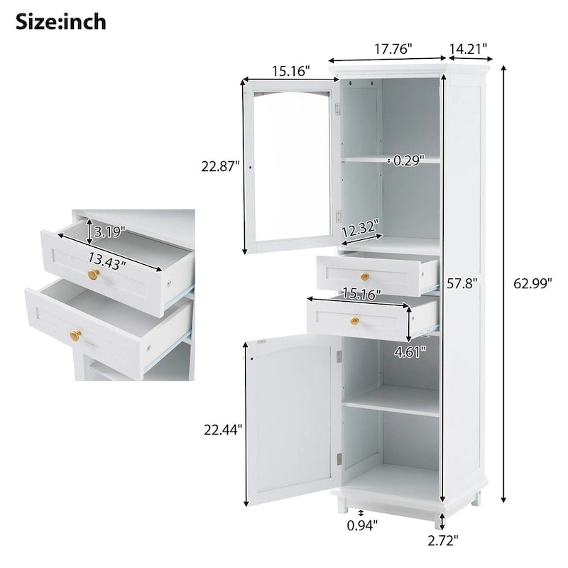 Meuble de rangement de salle de bain haut avec portes vitrées Armoire autonome avec deux tiroirs