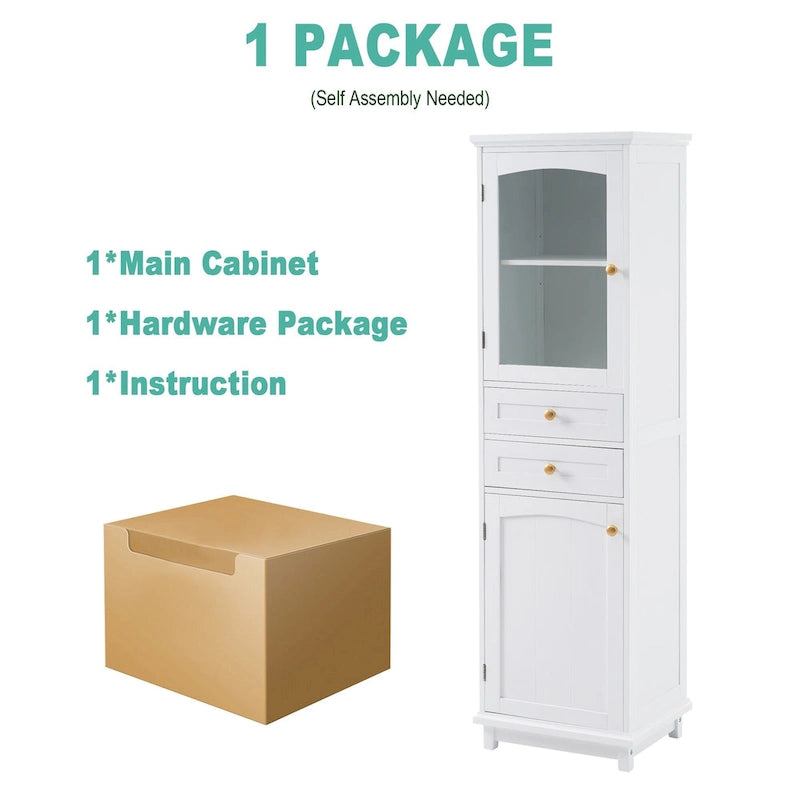 Meuble de rangement de salle de bain haut avec portes vitrées Armoire autonome avec deux tiroirs