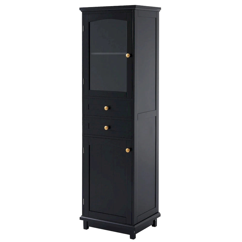 Meuble de rangement de salle de bain haut avec portes vitrées Armoire autonome avec deux tiroirs