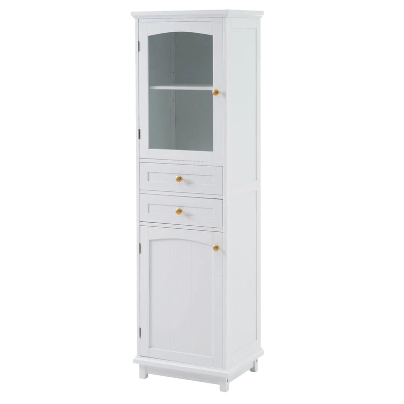Meuble de rangement de salle de bain haut avec portes vitrées Armoire autonome avec deux tiroirs