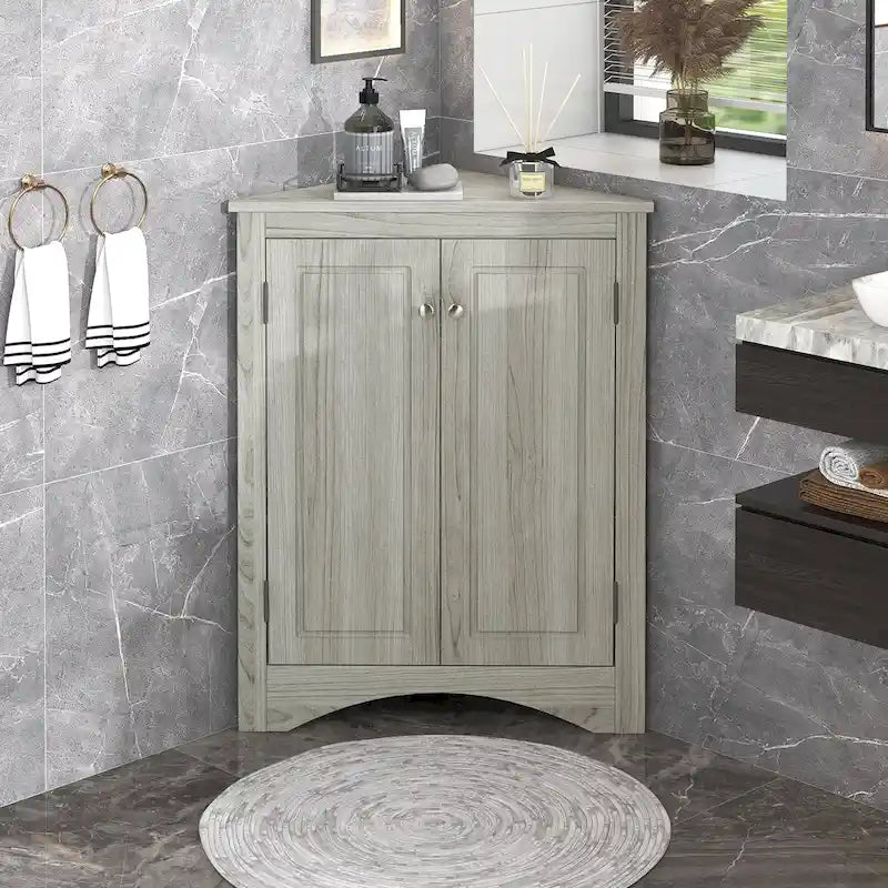 Meuble d'angle de salle de bain à 2 portes en bois avec étagères réglables (32 po)