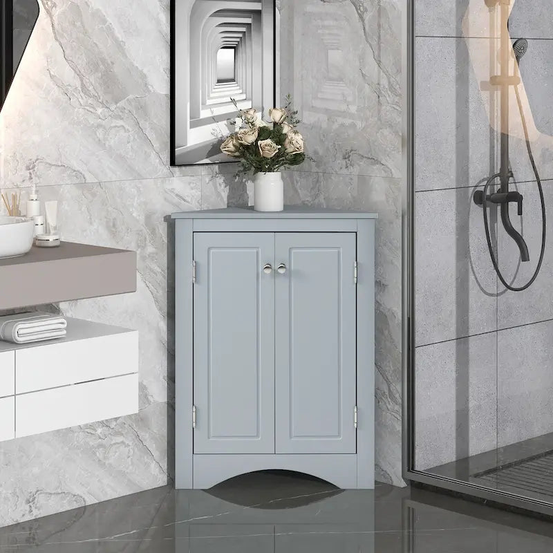 Meuble d'angle de salle de bain à 2 portes en bois avec étagères réglables (32 po)