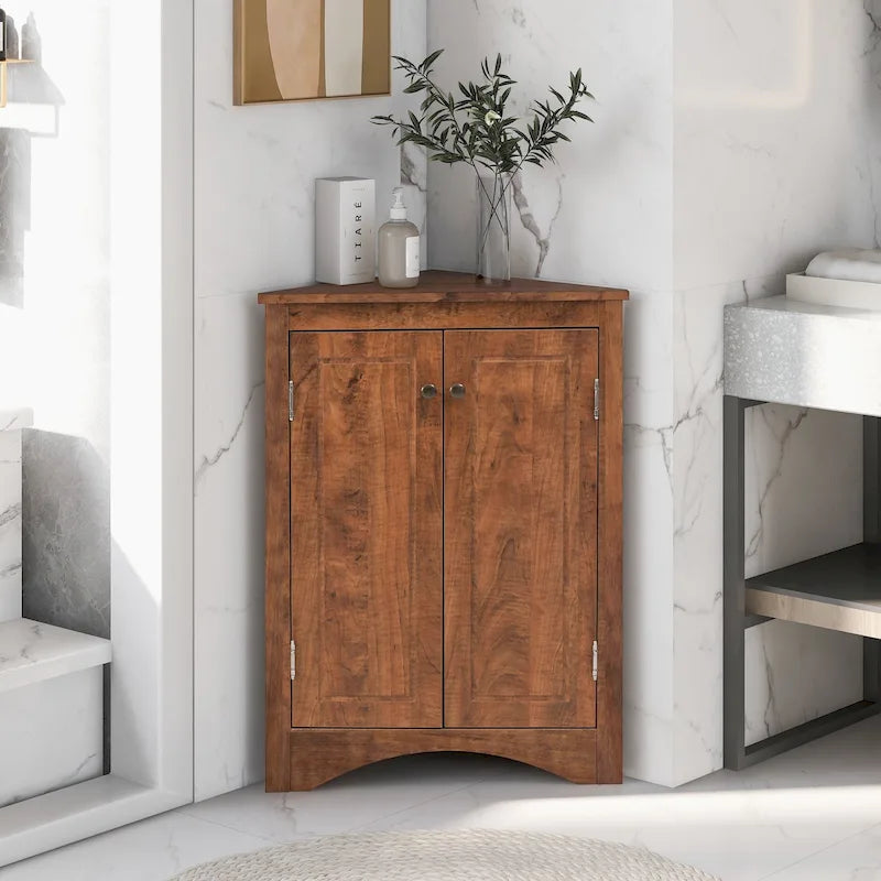 Meuble d'angle de salle de bain à 2 portes en bois avec étagères réglables (32 po)