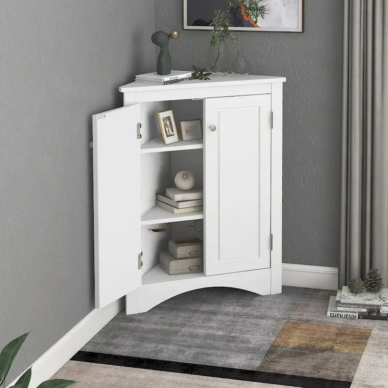Meuble d'angle de salle de bain à 2 portes en bois avec étagères réglables (32 po)