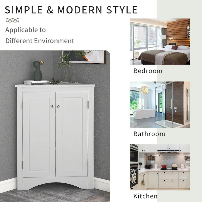 Meuble d'angle de salle de bain à 2 portes en bois avec étagères réglables (32 po)