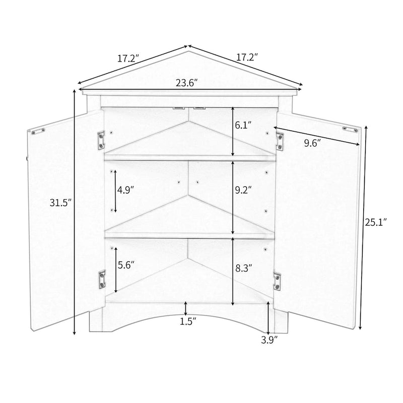 Meuble d'angle de salle de bain à 2 portes en bois avec étagères réglables (32 po)