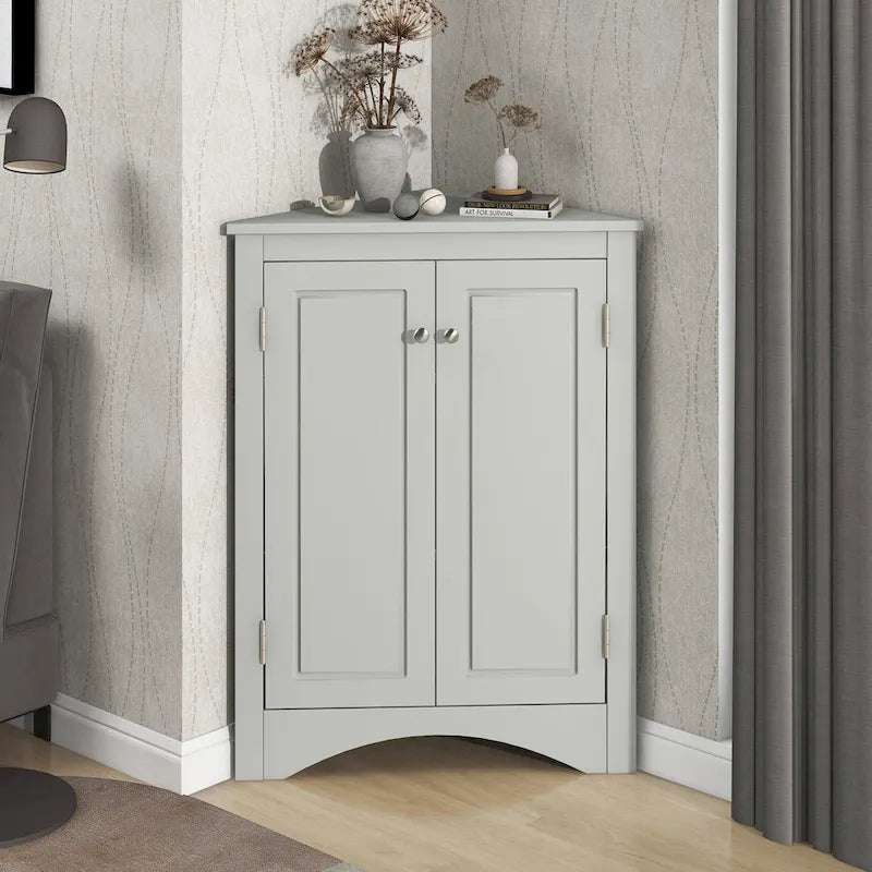 Meuble d'angle de salle de bain à 2 portes en bois avec étagères réglables (32 po)