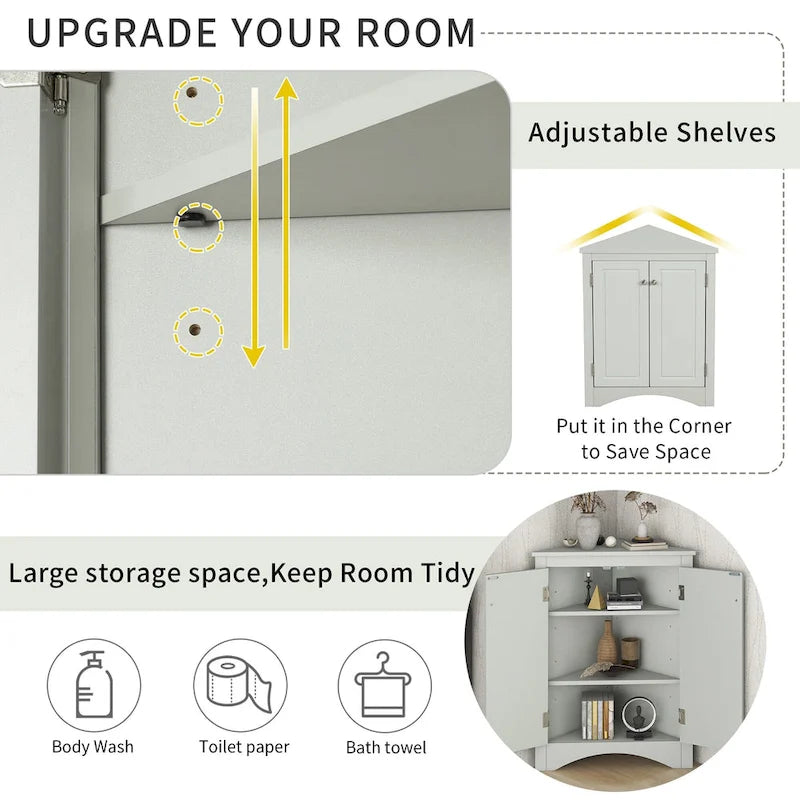 Meuble d'angle de salle de bain à 2 portes en bois avec étagères réglables (32 po)