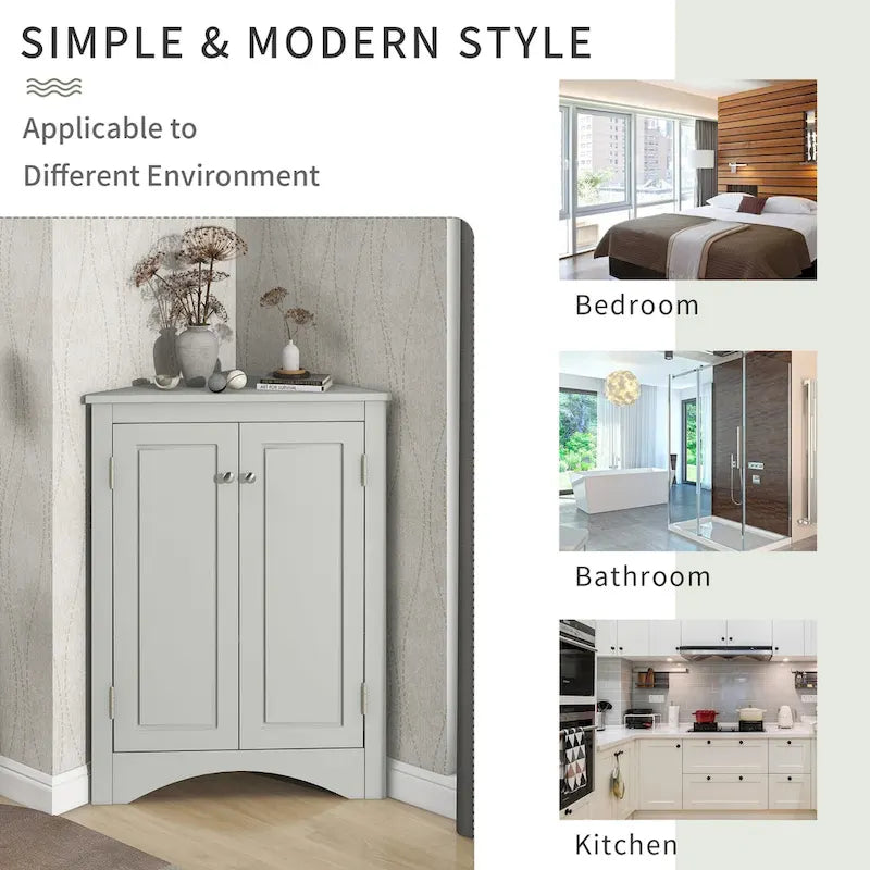 Meuble d'angle de salle de bain à 2 portes en bois avec étagères réglables (32 po)