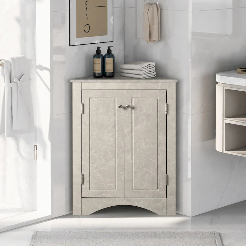 Meuble d'angle de salle de bain à 2 portes en bois avec étagères réglables (32 po)