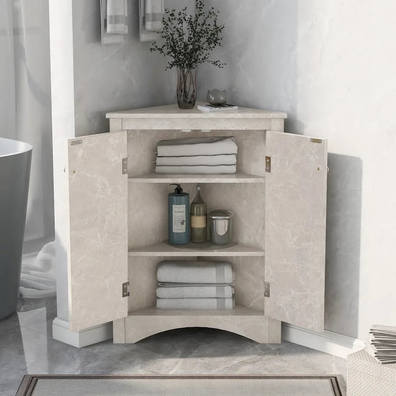 Meuble d'angle de salle de bain à 2 portes en bois avec étagères réglables (32 po)