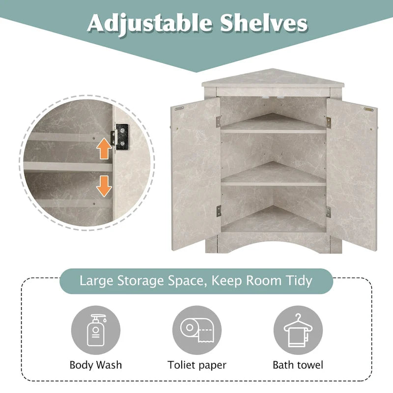 Meuble d'angle de salle de bain à 2 portes en bois avec étagères réglables (32 po)