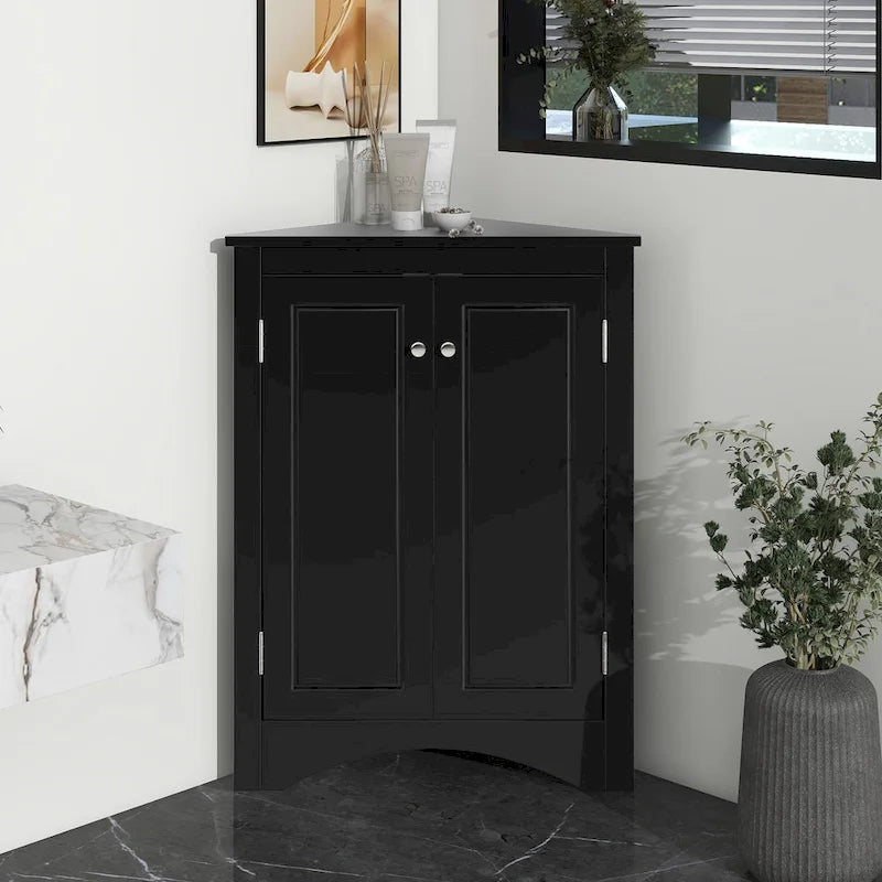 Meuble d'angle de salle de bain à 2 portes en bois avec étagères réglables (32 po)