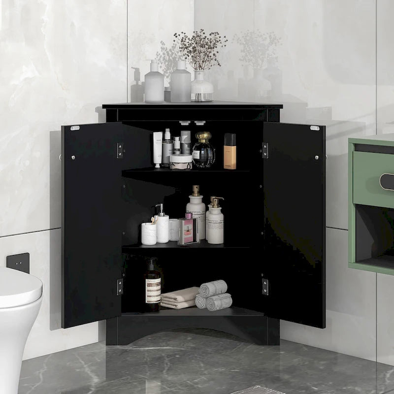 Meuble d'angle de salle de bain à 2 portes en bois avec étagères réglables (32 po)