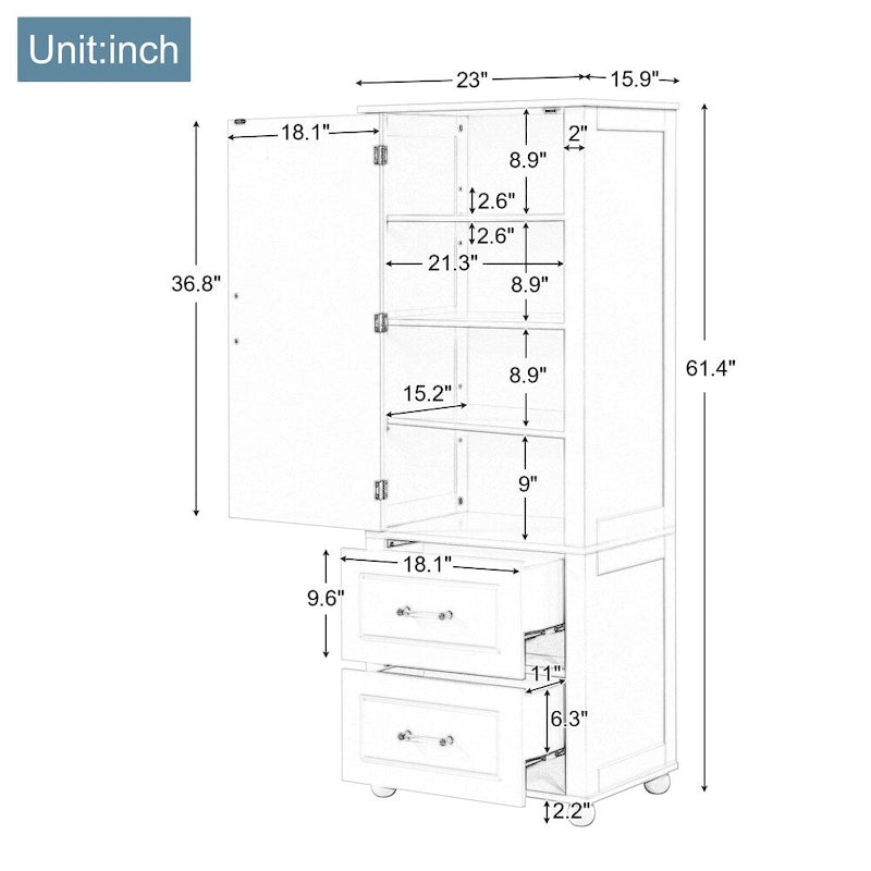 Meuble de rangement haut de salle de bain de 156 cm, deux tiroirs et étagère réglable
