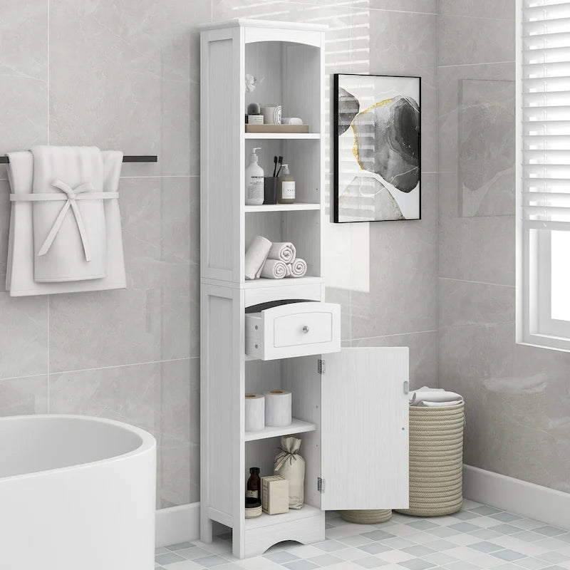 Meuble Colonne de Salle de Bain, Meuble de Rangement sur Pied avec Tiroir et Étagère Réglable