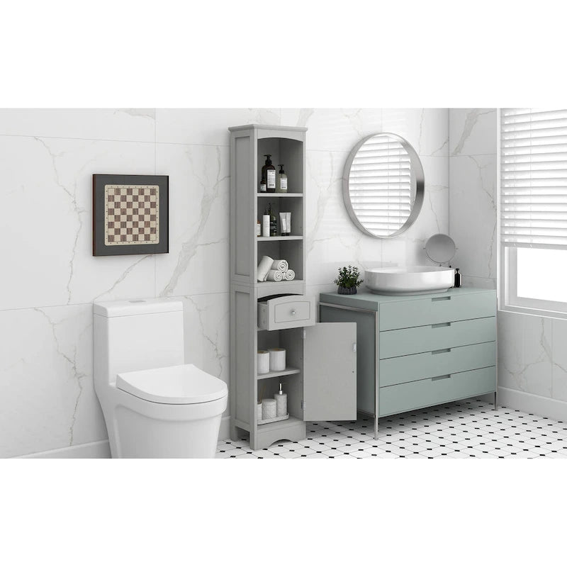 Meuble Colonne de Salle de Bain, Meuble de Rangement sur Pied avec Tiroir et Étagère Réglable