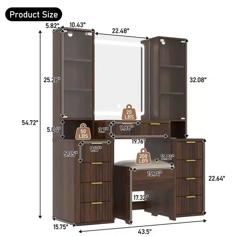 Ensemble de vanité moderne JVNOXK de 43,5 pouces avec miroir et lumière, doté de tiroirs et d'une armoire en verre transparent, inclut un tabouret et une station de recharge, marron