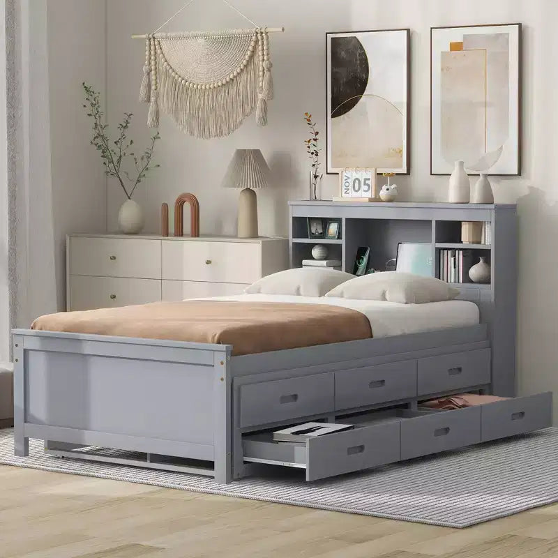 Lit plateforme avec lit gigogne et tiroirs, lit plateforme de rangement avec USB, lit plateforme en bois avec bibliothèque