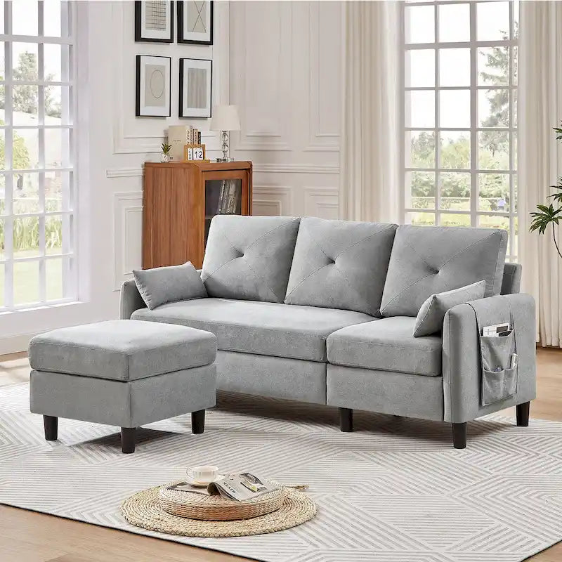 Canapé d'angle en forme de L de 77,36 L avec poche latérale de rangement et pouf réversible