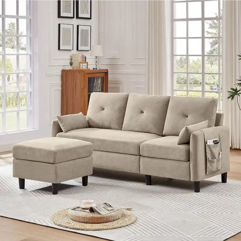 Canapé d'angle en forme de L de 77,36 L avec poche latérale de rangement et pouf réversible