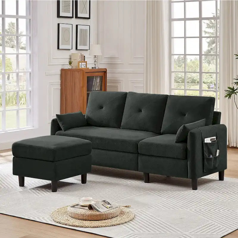 Canapé d'angle en forme de L de 77,36 L avec poche latérale de rangement et pouf réversible