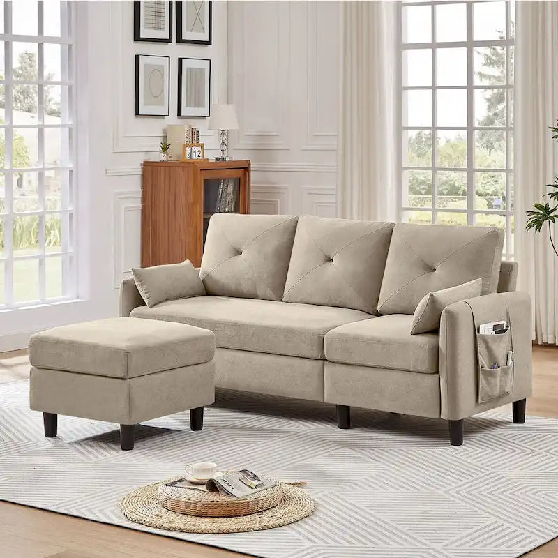 77.36 L Shaped Sectional Sofa with Side Storage Pocket and Reversible Ottoman