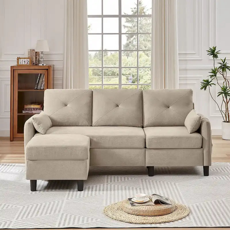 Canapé d'angle en forme de L de 77,36 L avec poche latérale de rangement et pouf réversible
