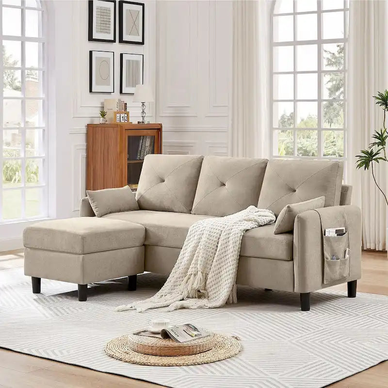 Canapé d'angle en forme de L de 77,36 L avec poche latérale de rangement et pouf réversible