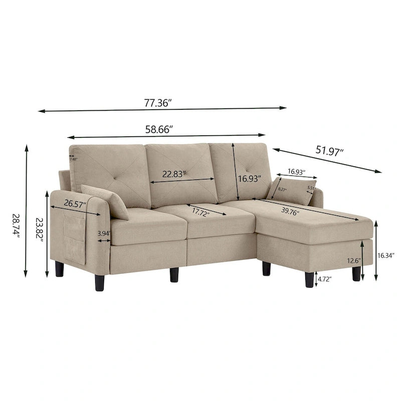Canapé d'angle en forme de L de 77,36 L avec poche latérale de rangement et pouf réversible