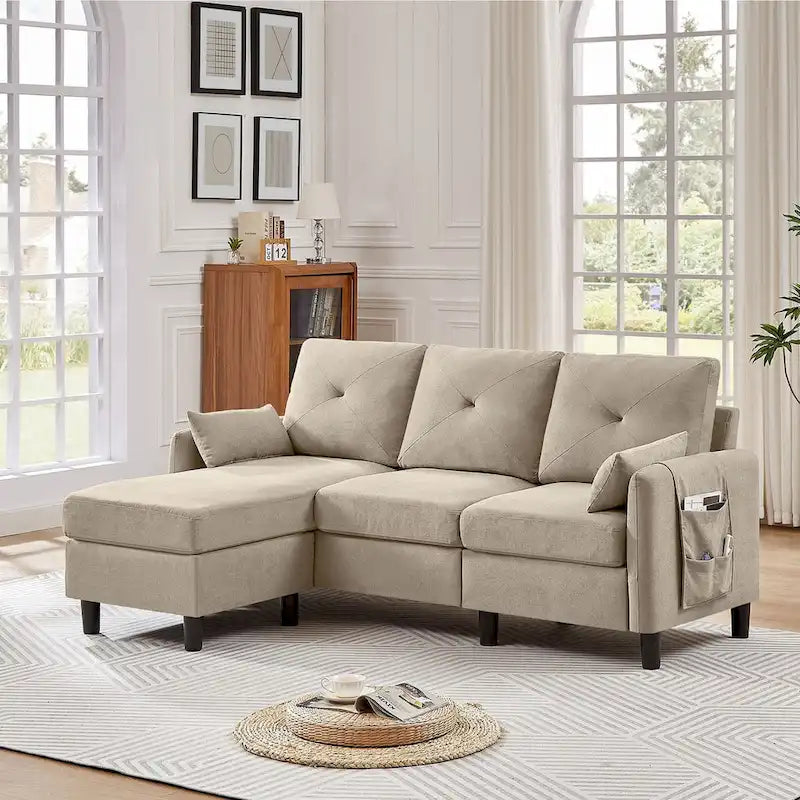 Canapé d'angle en forme de L de 77,36 L avec poche latérale de rangement et pouf réversible