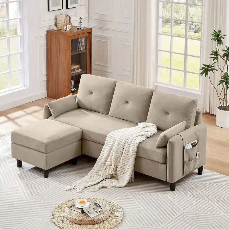 Canapé d'angle en forme de L de 77,36 L avec poche latérale de rangement et pouf réversible