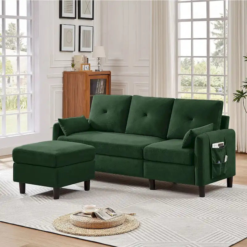 Canapé d'angle en forme de L de 77,36 L avec poche latérale de rangement et pouf réversible
