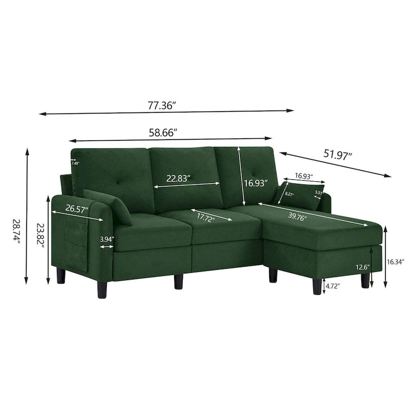 Canapé d'angle en forme de L de 77,36 L avec poche latérale de rangement et pouf réversible