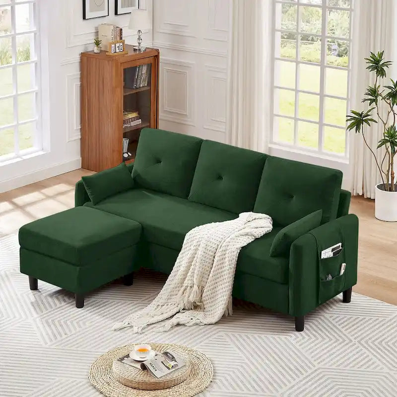 Canapé d'angle en forme de L de 77,36 L avec poche latérale de rangement et pouf réversible