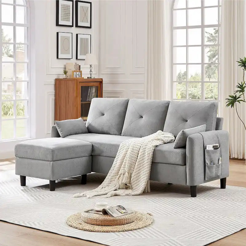 Canapé d'angle en forme de L de 77,36 L avec poche latérale de rangement et pouf réversible