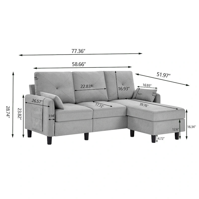 Canapé d'angle en forme de L de 77,36 L avec poche latérale de rangement et pouf réversible