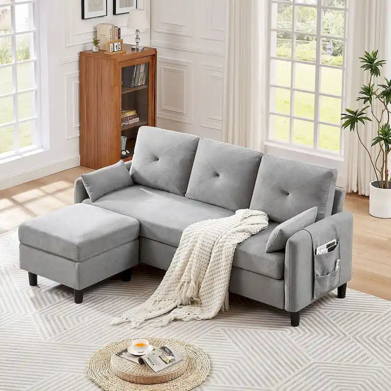 Canapé d'angle en forme de L de 77,36 L avec poche latérale de rangement et pouf réversible
