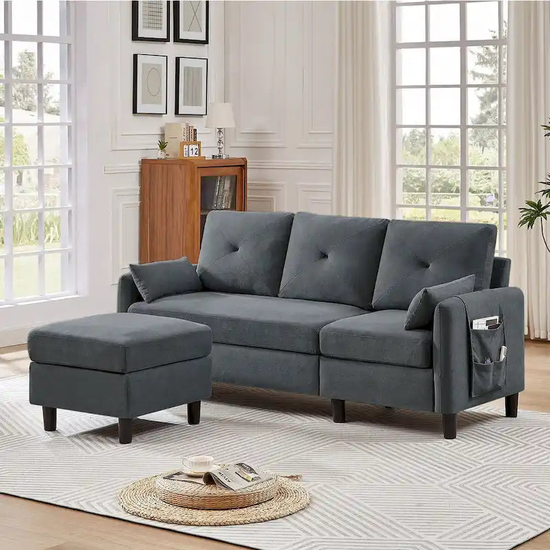 Canapé d'angle en forme de L de 77,36 L avec poche latérale de rangement et pouf réversible