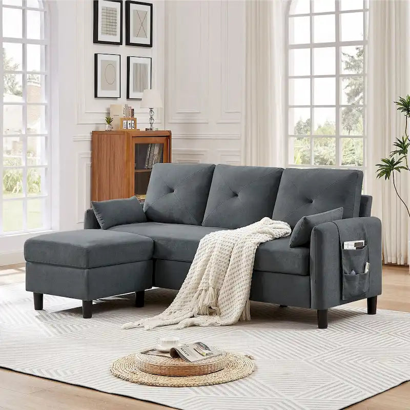 Canapé d'angle en forme de L de 77,36 L avec poche latérale de rangement et pouf réversible