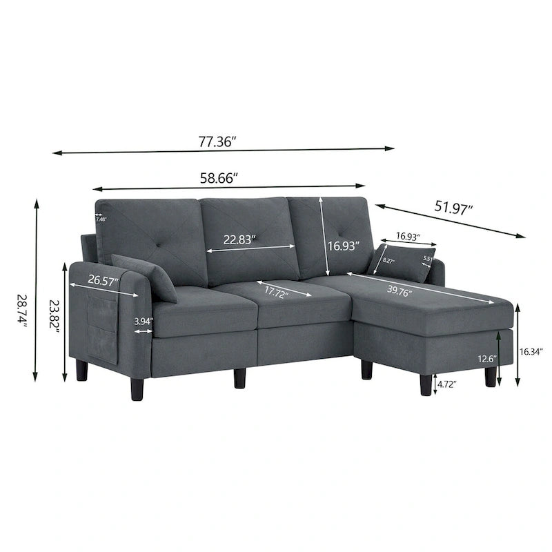 Canapé d'angle en forme de L de 77,36 L avec poche latérale de rangement et pouf réversible