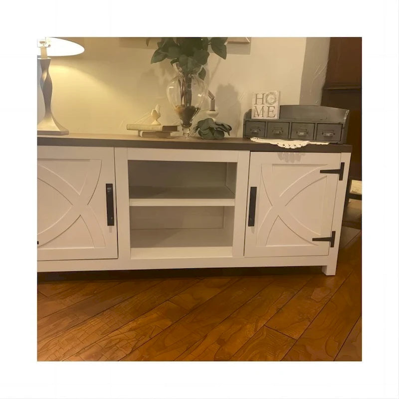 Meuble TV de ferme blanc avec porte de grange de 58 pouces pour téléviseurs jusqu'à 65 pouces