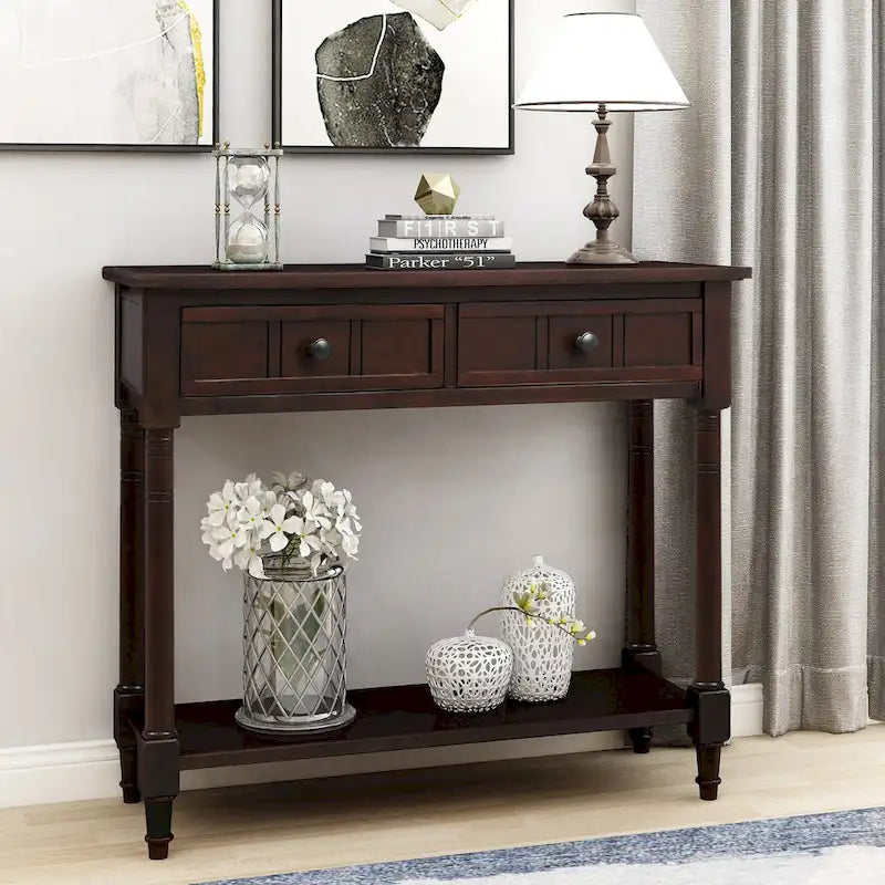 Console de style traditionnel avec deux tiroirs et une étagère inférieure