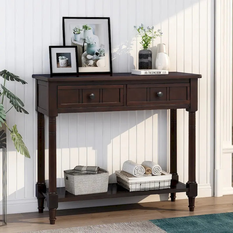 Console de style traditionnel avec deux tiroirs et une étagère inférieure